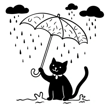 A black cat sitting beneath a large, open umbrella on the ground, with raindrops illustrated falling from the sky. The umbrella is depicted with various intricate patterns and designs. The background includes puddles forming on the wet ground, with splashes of water around the cat's paws. Dark clouds are visible in the sky, giving the impression of a rainstorm.