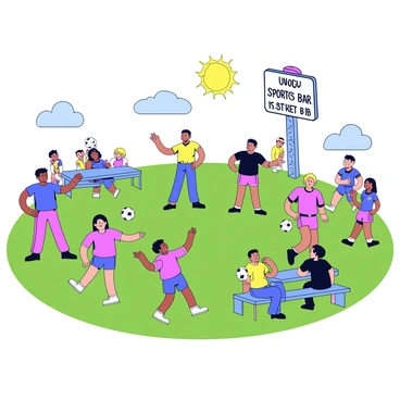 A group of local teams gathered on a grassy field, each sporting brightly colored jerseys. The players are striking poses, showcasing their team colors with enthusiasm. Nearby, a tall outdoor sports bar is visible, featuring a large sign inviting guests to enjoy the match. A few spectators are seated at picnic tables, cheering for their favorite teams. The sun is shining, creating a lively atmosphere as players interact and prepare for the friendly match.