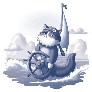 A cat with distinctive pirate attire is at the helm of a ship. The cat has an eye patch over one eye, giving it a fierce look. Its fur is fluffy and well-groomed. The ship's wheel is large, and the cat's paws are firmly gripping it. In the background, there are turbulent waves creating a sense of motion. The sky is dotted with clouds, enhancing the dramatic atmosphere of the high seas. The ship features a billowing sail that is prominent in the image.