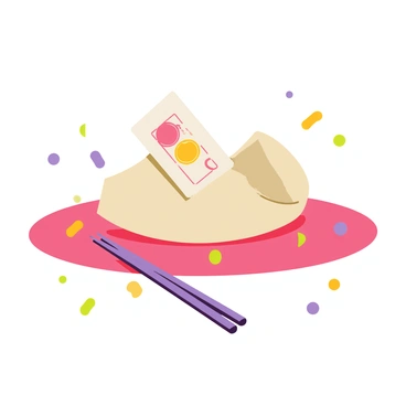 A fortune cookie in a light beige shell is being cracked open, with two halves slightly separated. Inside the cookie, there is a tiny folded lottery ticket with bright colors and a series of numbers printed on it. The cookie is resting on a small red plate, surrounded by scattered pieces of colorful confetti, adding a festive touch to the scene. A pair of chopsticks is placed beside the plate, completing the composition.