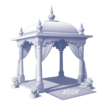 A mandap structure with intricate designs and patterns. The mandap features tall pillars adorned with elaborate carvings. Each pillar is topped with decorative elements resembling peacock feathers, showcasing detailed motifs. The ceiling is draped with flowing fabric, creating an elegant canopy above. Surrounding the mandap, there are floral arrangements and traditional decorations enhancing the overall festive atmosphere. The ground beneath is covered with a rich, patterned carpet.