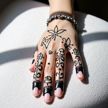 A bride's hand, adorned with intricate mehndi designs, is positioned elegantly. Sunlight filters through, casting detailed shadows of the mehndi patterns onto her skin. The mehndi features floral motifs and geometric shapes, showcasing the artistry of the design. The hand is gently resting on a textured surface, with hints of traditional wedding jewelry visible on her fingers. The interplay of light and shadow highlights the delicate artistry of the mehndi.