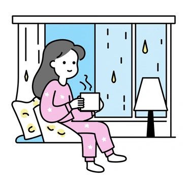 A girl, wearing light pink pajamas adorned with small white stars, is sitting on a cozy window seat. She is holding a white mug filled with hot chocolate, steam gently rising from it. The rain is falling steadily outside, creating small droplets on the glass window. The scene is softly illuminated by warm, ambient light from a nearby lamp. A patterned blanket is draped over her lap, and her long hair is slightly tousled, cascading over one shoulder.