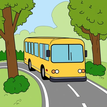 A bright yellow public bus is traveling along a winding road surrounded by tall, leafy trees. The bus has large windows that reflect the sunlight. On either side of the road, vibrant green plants and bushes create a lush backdrop. The trees are tall, with thick trunks and a full canopy of leaves. Patches of blue sky are visible above the treetops, and the sunlight filters through, casting playful shadows on the ground. The scene conveys a sense of motion as the bus moves forward along this inviting, picturesque route.