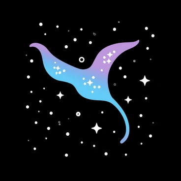 A galaxy in the shape of a stingray is prominently displayed against a deep, starry night sky. The galaxy features elegant, sweeping wings that extend gracefully outward, with clusters of bright stars twinkling throughout its form. Each wing has varying hues of blue and violet, creating a contrast against the darkness of space. Small, glowing stars surround the stingray-shaped galaxy, enhancing the overall celestial scene. The background is filled with a rich expanse of deep black, speckled with distant stars, creating a sense of vastness and depth.