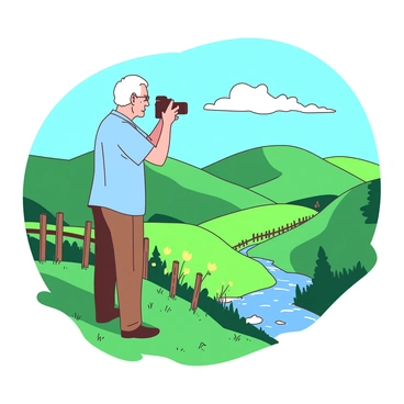 An elderly person with white hair is standing on a grassy hilltop, holding a black camera up to their eye, focused on capturing a beautiful landscape. In the background, rolling green hills stretch under a clear blue sky, dotted with bright yellow wildflowers. The person is wearing a light blue shirt and comfortable brown pants. Nearby, a wooden fence lines the edge of the hill, and a few fluffy white clouds float above. A small stream glimmers in the distance, reflecting the sunlight.