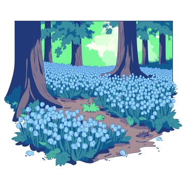 A duotone illustration depicts a forest floor blanketed with a thick carpet of "blooming bluebells." The bluebells are vibrant and abundant, creating a lush, colorful ground cover among the trees. Sunlight filters through the leaves above, casting gentle shadows and highlighting the delicate petals of the flowers. Surrounding the bluebells, there are patches of "green foliage" and "earthy brown" soil, enhancing the natural setting. A few fallen leaves and small twigs are scattered throughout the scene, adding texture to the forest floor.