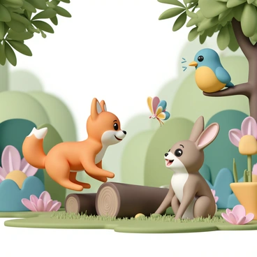 A vibrant scene featuring three adorable animal characters in a lush forest setting. A small, orange fox with large, expressive eyes is playfully jumping over a fallen log. Beside the fox, a fluffy, brown bunny with long ears is sitting on its hind legs, curiously looking at a colorful butterfly hovering above. In the background, a cheerful bluebird with a bright yellow belly is perched on a branch, singing joyfully. The forest is filled with lush green trees, vibrant flowers in various colors, and sunlight filtering through the leaves, creating a warm and inviting atmosphere.