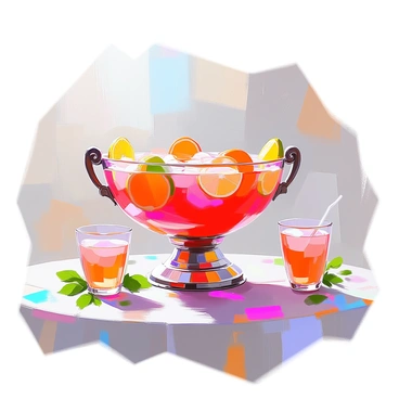 A large, ornate punch bowl filled with a vibrant, fruity drink. The punch is a deep, refreshing pink color, and it features floating slices of orange, lemon, and lime, adding a pop of color to the mixture. Surrounding the punch bowl are small glasses filled with the same drink, ready to be served. The setting includes a decorative tablecloth with a festive pattern, and scattered around the bowl are sprigs of mint, enhancing the festive atmosphere.
