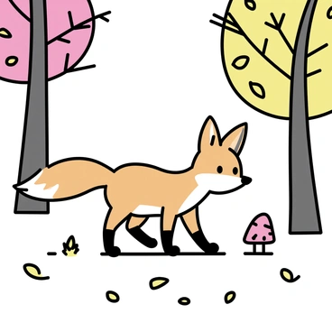 A curious fox with orange fur and white markings is walking on a carpet of fallen leaves in a colorful autumn forest. The trees surrounding the fox are tall and bare branches are adorned with leaves in shades of red, yellow, and brown. Sunlight filters through the branches, casting soft shadows on the ground. The fox is pausing, with its ears perked up and eyes wide, as it investigates a small patch of mushrooms nearby.