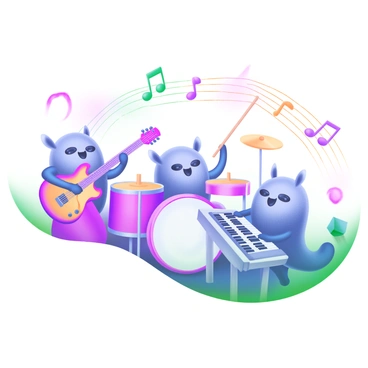 A modern pastel illustration depicting a group of anions, each with distinct features, forming a music band. One anion is holding an electric guitar with a vibrant color. Another anion is seated at a drum set, their sticks raised mid-air. A third anion is playing a keyboard, surrounded by musical notes floating above. Each anion has a unique expression, conveying enthusiasm and energy as they perform together on stage. The background features colorful sound waves radiating outward, enhancing the lively atmosphere of the musical scene.