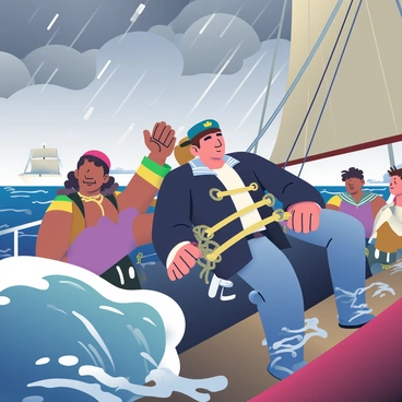 A group of sailors with various skin tones and weathered clothing are on a ship deck as it sails through a raging storm. The sky is filled with dark gray clouds, and heavy rain is pouring down. The ship is tilting to one side due to the strong winds. The sailors are tying up the captain with thick ropes, who is wearing a captain's uniform with a white shirt and a dark coat. The captain's expression shows determination despite the chaos around him. Waves crash against the side of the ship, and water splashes onto the deck. In the background, the ship's sails are billowing in the wind, and a few pieces of rigging sway violently.
