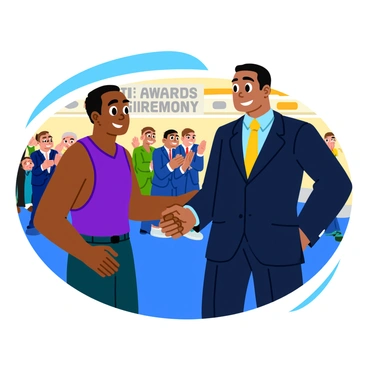 "Jesse Owens," a young African American athlete with a confident smile, is shaking hands with an official at an awards ceremony. The official, wearing a formal suit and a tie, appears pleased as he congratulates Owens. A backdrop featuring a large banner with the words "Awards Ceremony" in bold letters adds to the context. The hall is filled with spectators in formal attire, some clapping and others smiling, capturing the celebratory atmosphere of the event. The lighting is bright, highlighting the moment of achievement and recognition.