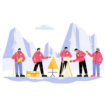 A team of scientists wearing bright red jackets is setting up various pieces of scientific equipment on a vast white Antarctic glacier. The scientists are focused on their tasks, with some holding tools and others assembling gear. Snowflakes are gently falling around them, adding to the winter atmosphere. In the background, towering icy cliffs and a clear blue sky can be seen, emphasizing the remote and cold environment.