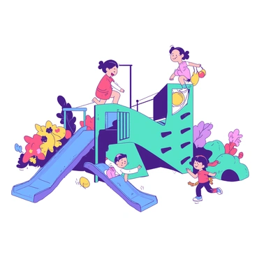 A group of children are playing on a playground filled with bright and playful structures. There are two children sliding down a large blue slide, while another child swings back and forth on a yellow swing. A girl wearing a pink dress is climbing up a teal climbing frame, and a boy in a red shirt is running around with a small orange ball. Colorful flowers are blooming around the playground, creating a lively and cheerful atmosphere.