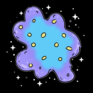 A cosmic nebula fills the image, showcasing a vibrant array of colors like deep blues, purples, and hints of yellow. The nebula is shaped in a way that mirrors the pattern of scattered mustard seeds, with small, round spots of yellow interspersed throughout the broader cloud formations. The backdrop is a dark, starry space, highlighting the intricate details of the nebula's unique pattern. Soft wisps of gas and dust flow around the bright spots, creating a sense of depth and complexity.