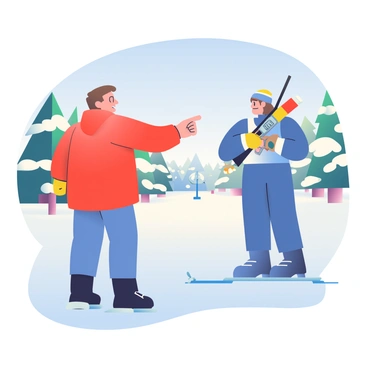 A coach with short brown hair and wearing a red jacket is standing next to a biathlete on a snowy landscape. The coach is gesturing with his right hand, pointing towards the racecourse in the distance. The biathlete, dressed in a blue and white racing suit, is holding a rifle over her shoulder, looking intently in the direction the coach is pointing. Snow-covered trees line the background, and the sky above is a clear blue. The coach's expression is focused and encouraging, conveying the importance of the advice being given.