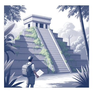 An explorer stands in awe before towering ancient Mayan ruins, characterized by intricate stone carvings and weathered steps. The ruins are partially covered in creeping vines and moss, showcasing the passage of time. Surrounding the scene, dense jungle foliage thrives, with large leaves and towering trees creating a rich, tropical environment. Sunlight filters through the canopy, casting dappled shadows on the explorer's face, highlighting their expression of wonder and curiosity. The explorer is dressed in rugged outdoor attire, with a backpack slung over one shoulder and a map in hand, emphasizing their adventurous spirit.