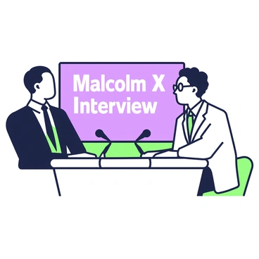 Malcolm X is seated comfortably in a modern television studio during an interview. He is wearing a dark suit and a white shirt with a tie. His hair is styled in a close-cut manner. He is engaging with the host, who is sitting across from him, wearing a light-colored suit and glasses. The set features a large screen behind them displaying the text "Malcolm X Interview". There are two microphones on the table in front of them. The lighting is bright, highlighting both speakers as they discuss various topics.