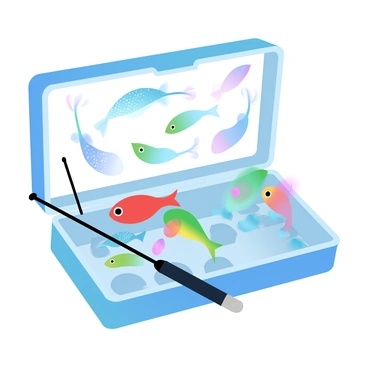 An open fishing tackle box is filled with an assortment of colorful lures and baits. The lures vary in shapes and sizes, showcasing vibrant hues of red, blue, green, and yellow. Each lure is designed with intricate detailing, including shimmering surfaces and unique patterns. The interior of the tackle box is neatly organized, with small compartments holding the baits securely in place. A nearby fishing rod rests against the tackle box, suggesting a fishing adventure is about to begin.