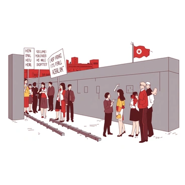 A scene depicting two groups of people on either side of the Berlin Wall during the Cold War. On the left side, a group of individuals dressed in muted colors is standing behind a tall, gray concrete barrier, some holding signs with messages of hope. Their expressions are serious as they look towards the wall. On the right side, another group of people in colorful clothing stands close to the wall, some waving flags and smiling. The contrast between the two groups highlights the division and tension of that historical period. In the background, there are buildings typical of the era, providing context to the setting.