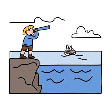Tintin standing on a cliff with a telescope, looking at a distant ship on the ocean