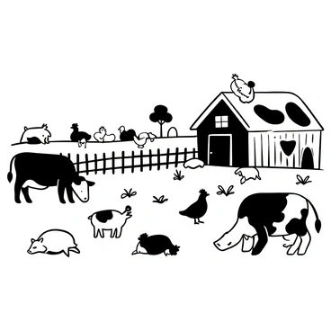 A black-and-white illustration depicting a farm scene. Several cows are grazing in the foreground, with one cow lying down and another standing. A group of chickens is scattered nearby, some pecking at the ground, while others are perched on a fence. In the background, a large red barn is prominently displayed. There are a few pigs playing in the mud, one rolling over while another stands nearby. The landscape includes a grassy area and a few trees in the distance, completing the rural atmosphere.