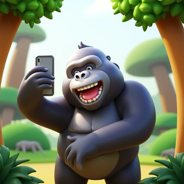 A playful gorilla holding a smartphone, aiming it at itself to take a selfie. The gorilla has a joyful expression, with its mouth open in a wide grin, showcasing its teeth. Surrounding the gorilla, there is lush green foliage and tall trees, emphasizing the wild environment. Sunlight filters through the branches, casting dappled light on the gorilla's fur. In the background, hints of a distant elephant can be seen, adding to the scene's lively atmosphere.