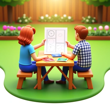 A couple in their backyard with a green lawn, sitting at a wooden picnic table. They are looking at a large sheet of paper covered in sketches of a garden plot. The woman has curly hair and is wearing a light blue shirt, while the man has short hair and is in a plaid shirt. They have various seed packets scattered on the table in front of them, labeled with vegetables like "tomatoes," "carrots," and "lettuce." In the background, there are flower beds and a wooden fence. Sunlight filters through the trees, creating a warm atmosphere.