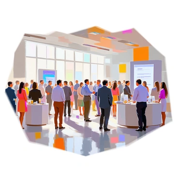 A spacious conference center annex filled with delegates engaged in networking and exchanging ideas. Groups of professionals, both men and women, are dressed in business attire and gathered in clusters. Some are shaking hands, while others are deep in conversation, animatedly discussing various topics. The room features large windows that allow natural light to flood in, illuminating the modern decor. Tables with refreshments are positioned along the sides, and a display of brochures is available for attendees. The atmosphere is vibrant and bustling with activity.