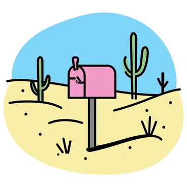 A solitary mailbox, painted red, positioned upright in the sand of a vast desert landscape. The mailbox stands on a weathered wooden post, surrounded by scattered golden sand dunes. In the background, several green cacti with tall, slender arms reach towards the blue sky, adding contrast to the sandy environment. Sparse tufts of dry grass dot the ground nearby, emphasizing the arid setting. The sunlight casts long shadows, creating a striking visual on the undulating sand.