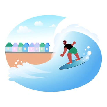 A surfer is riding a large wave at Bournemouth beach. The surfer is positioned skillfully on the surfboard, leaning slightly to maintain balance. In the background, a row of colorful beach huts stretches along the shore, painted in various vibrant pastel colors. The ocean is a deep blue, with white foam forming at the crest of the wave. The sandy beach is visible beneath the surf, and the sky above features a few fluffy clouds scattered across a bright azure backdrop.