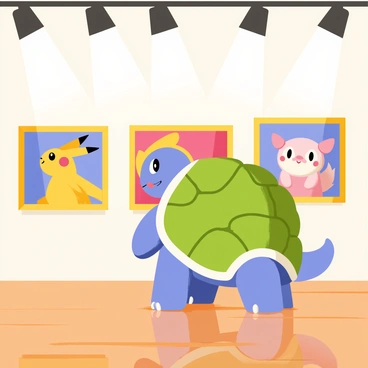 A blue Blastoise standing upright in an art gallery, its large shell prominently displayed on its back. Blastoise is gazing thoughtfully at a series of colorfully framed paintings depicting various Pokémon. The gallery walls are adorned with vibrant artwork featuring Pikachu, Charizard, and Jigglypuff. Spotlights shine down on the paintings, highlighting their details. Blastoise’s expression shows curiosity and admiration as it takes in the artistry around it. A polished wooden floor reflects the colorful hues of the paintings and the soft glow of the gallery lights.