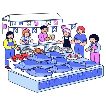A bustling fish market scene filled with various fresh fish on display. An array of blue fish glistens on a bed of ice, showcasing distinct scales and vibrant colors. Surrounding the fish are other seafood items, including bright red crabs and shimmering silver fish. The market is lively with vendors and customers interacting, each person depicted with simple, cartoon-like features. Stalls in the background are draped with colorful banners, adding to the market atmosphere.