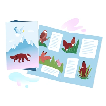 A printed wildlife brochure is displayed open on a flat surface. The front cover features an illustration of a "bald eagle" soaring above a mountain landscape. Inside the brochure, there are vibrant illustrations of various native animals, including a "grizzly bear" standing in a forest and a "red fox" hidden among tall grass. Each illustration is accompanied by text boxes that provide information about the animals' habitats and behaviors. The background of the brochure is a soft gradient of pastel colors, enhancing the visual appeal of the wildlife illustrations.