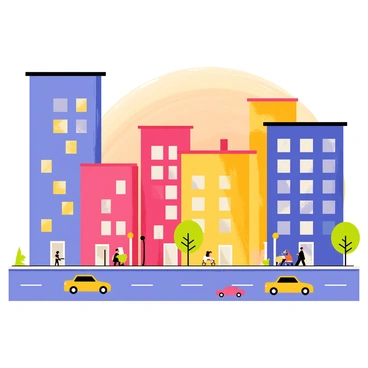 A colorful cityscape featuring a variety of tall buildings in shades of blue, pink, and yellow. The scene occurs at dusk, with a gradient sky transitioning from orange to deep purple. Twinkling lights illuminate the windows of the buildings, giving a sense of energy and vibrancy. The streets are bustling with simplified cartoon-style cars in various bright colors and small groups of people walking along the sidewalks, adding to the lively atmosphere. Some trees with round canopies are positioned along the streets, with their leaves also subtly illuminated by the streetlights.