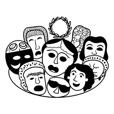 A collection of dramatic masks arranged in a circular display. Each mask is elaborately detailed, showcasing distinct expressions such as joy, sorrow, anger, and fear. The masks vary in size and design, with intricate patterns etched into the surfaces. Some masks have an exaggerated structure, while others appear more subdued. In the background, there are props like a laurel wreath and a scroll, symbolizing ancient Greek theater. Each mask is crafted from a textured material, casting shadows on the surface beneath them.