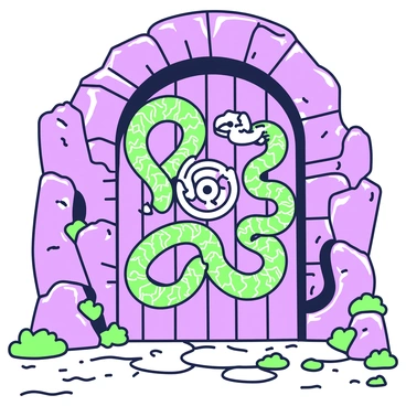 The entrance to the Chamber of Secrets is depicted as a large, ancient stone door embedded in a rocky wall. The door is intricately carved with ominous snakes that coil and intertwine, their scales sharply defined. The snakes are positioned around a central circular emblem that resembles a serpent's eye, giving it a menacing appearance. The stone surface shows signs of age, with cracks and moss growing in the crevices, adding to the eerie atmosphere. The surrounding area is dimly lit, emphasizing the heaviness of the entrance and the sinister nature of the snake carvings.