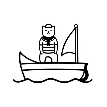 A cat wearing a sailor suit standing confidently on the bow of a small boat. The boat is gently rocking on the water, with ripples radiating outward from its hull. The sailor suit has clear stripes, complete with a collar and a small cap atop the cat's head. The boat has a simple design, with a single sail that is partially raised. The background features distant waves and a horizon line, suggesting a calm day at sea.