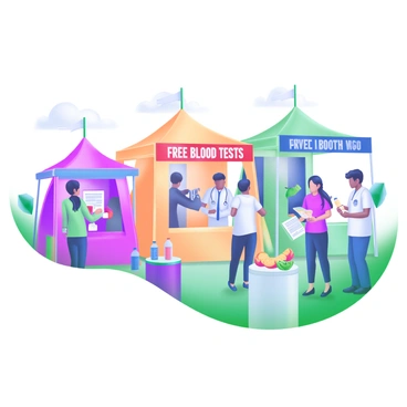 A vibrant outdoor health fair scene featuring multiple colorful tents. Each tent displays banners with the words "Free Blood Tests" in large, clear letters. People of diverse backgrounds are gathered around the tents, engaging with healthcare professionals. Some participants are receiving blood tests, while others are consulting informational pamphlets. Nearby, a table is set up with fruit and water bottles, promoting healthy living. Bright sunlight casts cheerful shadows, enhancing the lively atmosphere of community health awareness.