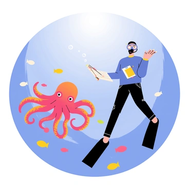 A scuba diver wearing a blue wetsuit and black fins is positioned underwater, surrounded by clear blue water. The diver is focused on a large, colorful octopus with vibrant red and orange tentacles, which is gracefully floating nearby. The diver holds a sketchbook with one hand, while the other hand is drawing the octopus with a pencil. Small bubbles are visible rising from the diver's mouthpiece, creating a sense of movement in the water. Various fish of different colors swim in the background, adding life to the underwater scene. Sunlight filters down from the surface, illuminating the diver and the octopus.