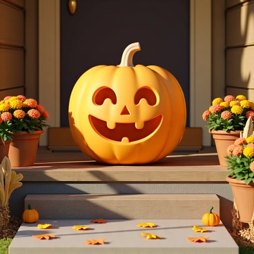 A cheerful orange pumpkin with a carved smiling face is sitting on a wooden porch. The pumpkin has a smooth surface and a vibrant hue. Surrounding the pumpkin are various autumn decorations, including colorful leaves scattered on the ground and small rustic corn stalks. There are also a few vibrant red and yellow chrysanthemums in pots placed on either side of the porch steps. The sunlight casts warm, soft shadows, enhancing the inviting atmosphere of the scene.