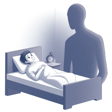 A person lies in bed, their body partially covered by a rumpled blanket. They are in a curled position, with their eyes wide open, staring towards the ceiling. Above them, a large shadowy figure looms, its dark shape stretching ominously across the room. The shadow appears featureless, creating an unsettling contrast against the dimly lit space. The dim light source emphasizes the person's anxious expression, while the shadow adds a dramatic tension to the scene. The room is sparsely furnished, with simple details like a nightstand and a clock showing the late hour.