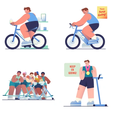 A series of illustrations depicting the stages of a person's fitness journey through indoor cycling. The first illustration shows a person with short brown hair, wearing a blue tank top and black shorts, adjusting their stationary bike in a brightly lit room. In the second illustration, the same person is pedaling on the bike with a focused expression, sweat glistening on their forehead, and a water bottle on a nearby shelf. The third illustration captures the person smiling after completing a workout, with a towel draped around their neck, surrounded by a group of diverse individuals also on bikes, showcasing a sense of community. The final illustration portrays the individual celebrating their fitness milestone with a medal around their neck, standing proudly next to their bike, with a motivational poster on the wall behind them that reads "Keep Going!"