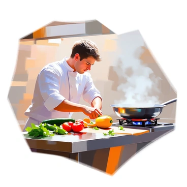 A chef in a bustling kitchen preparing a gourmet dish with fresh ingredients and sizzling pans