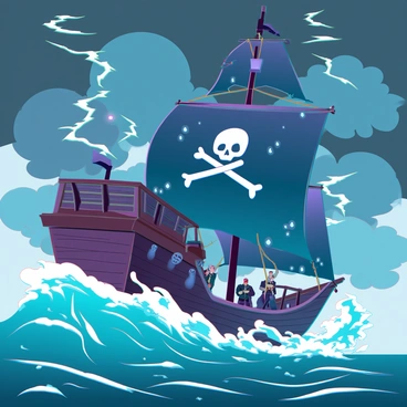 A dynamic scene of a pirate ship battling sea waves under a stormy sky