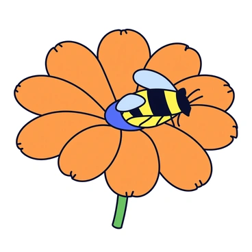 A close-up view of a single calendula flower with bright orange petals arranged in a circular pattern. The petals have intricate details, showcasing delicate lines and textures. A small bee with black and yellow stripes is resting on one of the petals, its wings slightly open and glistening. The background is softly blurred to emphasize the flower and the bee.
