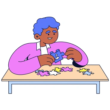 A person sitting at a table, focused while assembling a jigsaw puzzle. The puzzle is almost complete, with vibrant pieces scattered around. In their right hand, they hold the final piece of the puzzle, which is a bright blue piece adorned with a cheerful image. The person's expression shows determination and satisfaction, embodying the moment of a decision made. The table is simple, with a light wood finish, and there is a soft light illuminating the scene.