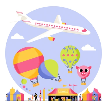 An airplane soaring high above a vibrant festival filled with colorful hot air balloons. The airplane, depicted in bright white with red accents, is gliding through a clear blue sky. Below, the festival features multiple hot air balloons of various shapes and sizes, including a large striped balloon in red and yellow, a round patterned balloon in blue and green, and a whimsical balloon shaped like a pig. The scene is bustling with activity, as people enjoy the festival, with tents and stalls decorated in bright colors visible on the ground.