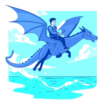 A blue dragon with glistening scales is soaring high above a turquoise ocean. The dragon's wings are widely spread, creating a dynamic shape against the sky. Straddled on the dragon's back is a young man with dark hair, wearing leather armor, gripping the reins firmly. The sunlight reflects off the surface of the ocean, creating a sparkling effect. Below them, waves crash gently against each other, adding rhythm to the vivid scene. The sky is dotted with fluffy white clouds, enhancing the sense of adventure and freedom in this moment.
